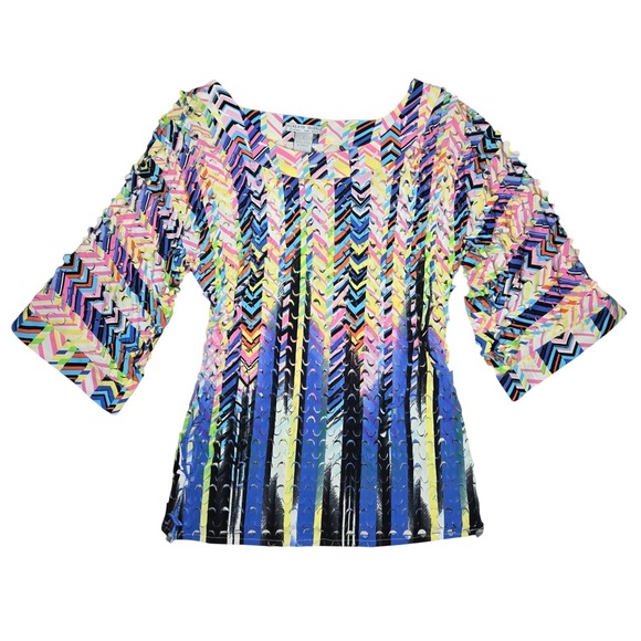 Alberto Makali Tops - Alberto Makali Women Small Multicolor Chevron Laser Cut Beaded 3/4 Sleeve Top‎